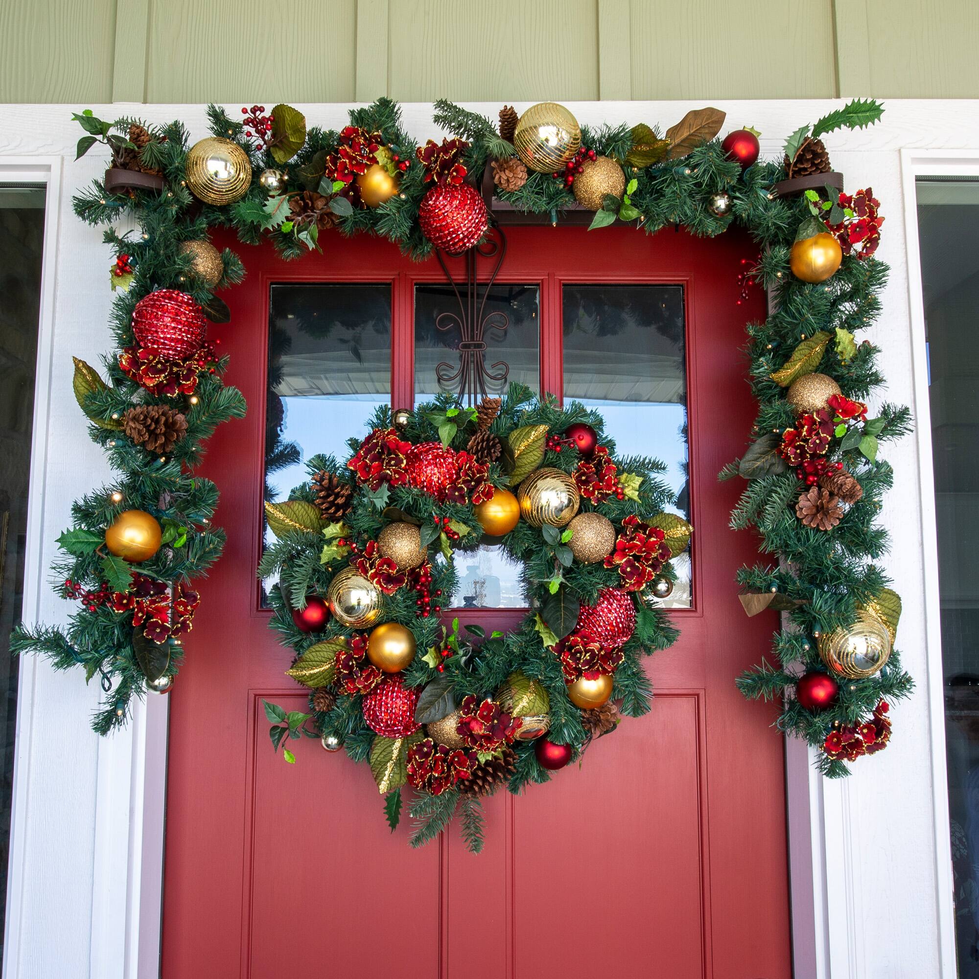 Village Lighting 30" Pre-Lit Scarlet Hydrangea Christmas Wreath, Clear LED Lights